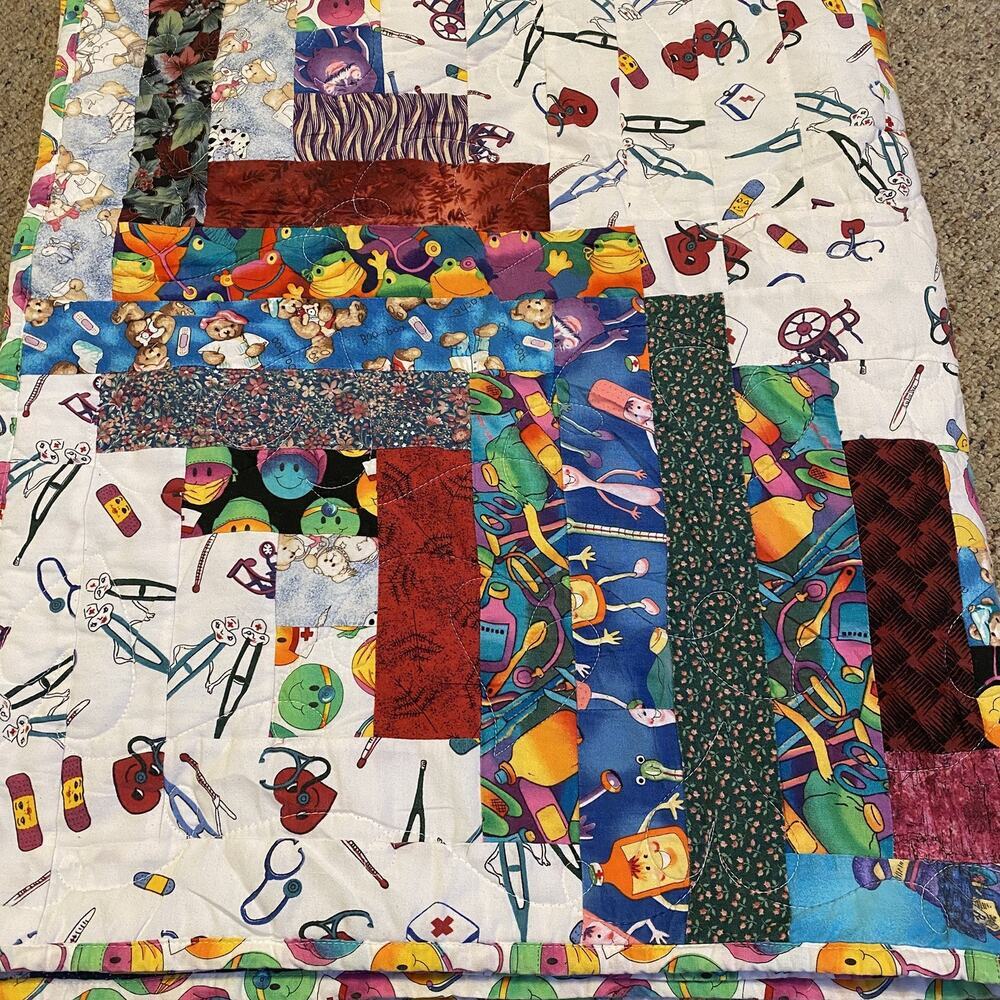 Vintage Handmade Patchwork Quilt Throw Blanket 64”x40” Doctor Nurse Patient - Picture 2 of 6